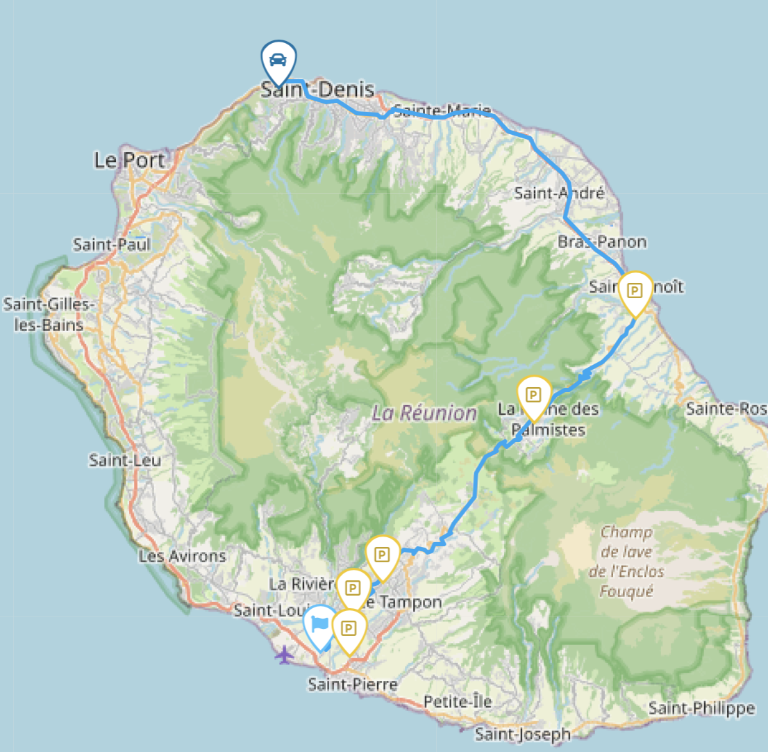 Trajet enregistré d'un véhicule entre Saint-Denis et Saint-Pierre avec points d'arrêt sur l'île de La Réunion